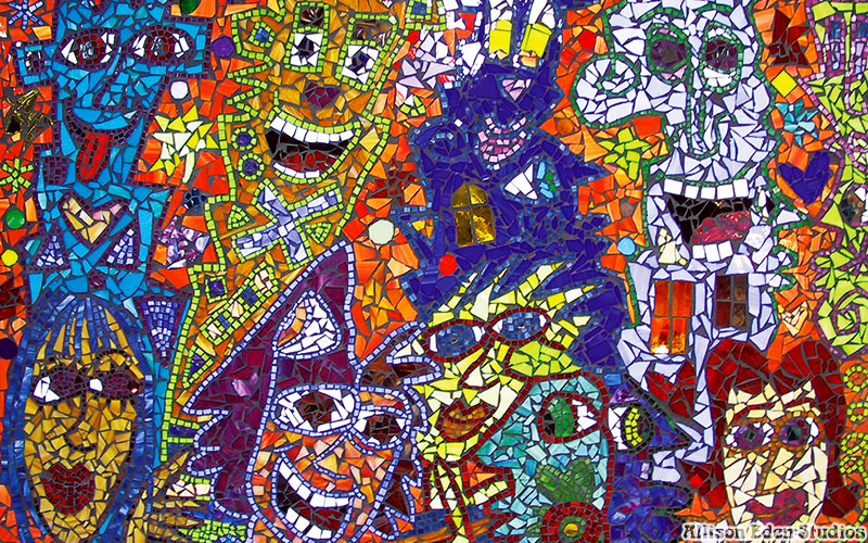 Allison Eden Collaborative Artwork with James Rizzi smiling happy people mosaic art.