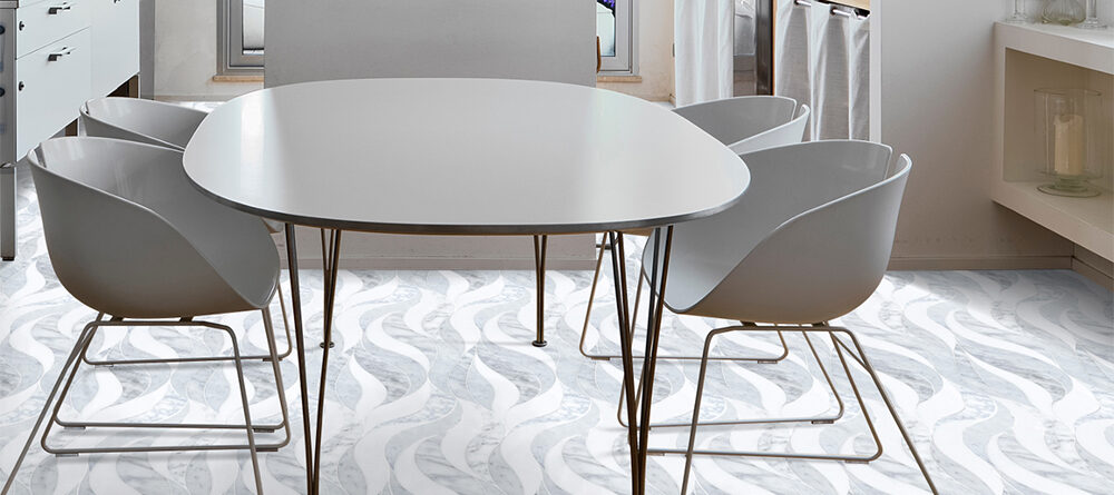 allison eden waves white marble mosaic floor dining room