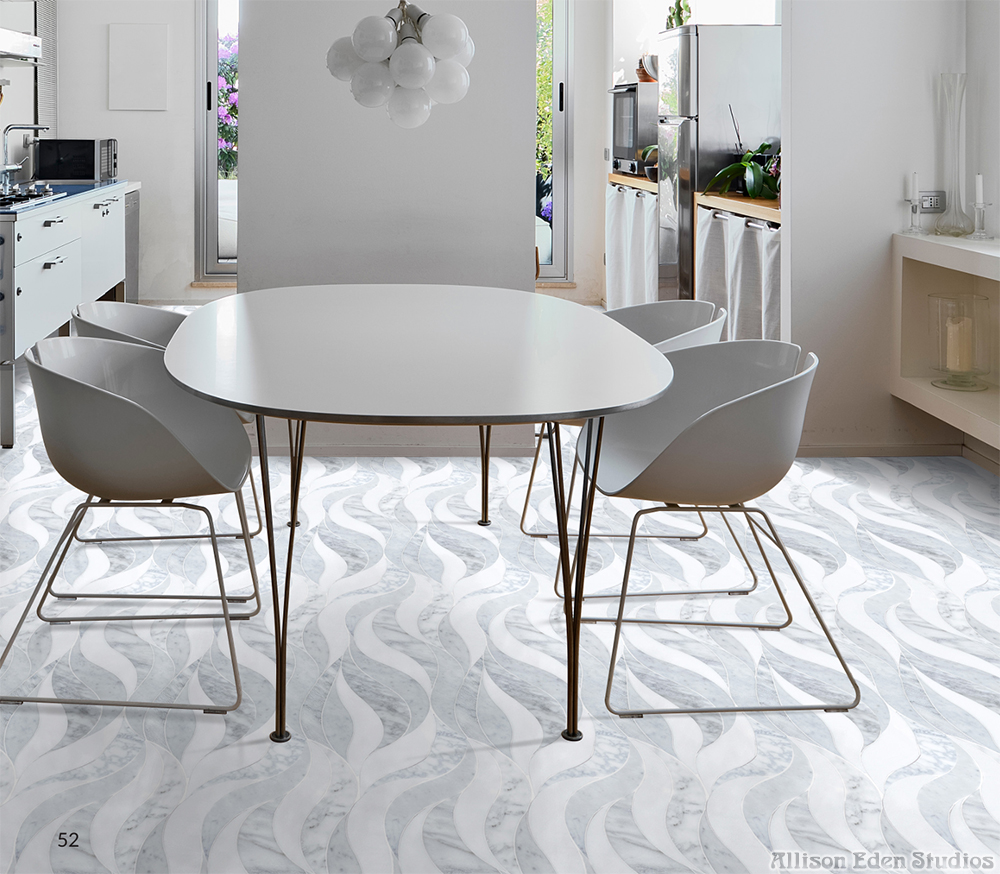allison eden waves white marble mosaic floor dining room