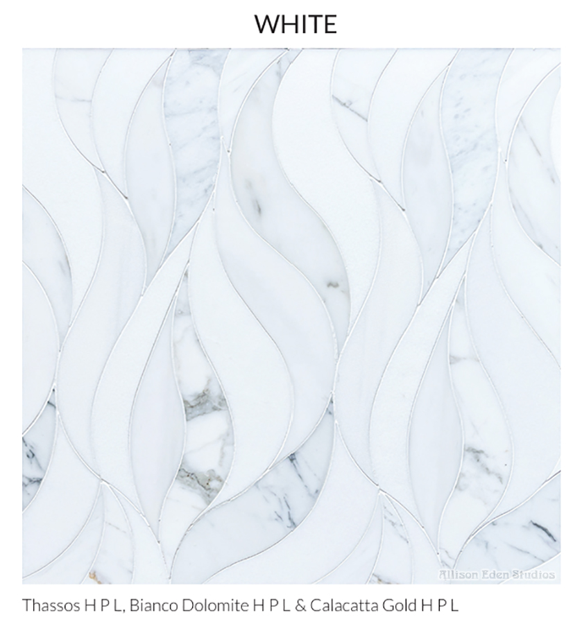 Allison Eden Studios Waves in White stone mosaic with Thassos, Bianco Dolomite and Calacatta Gold marble