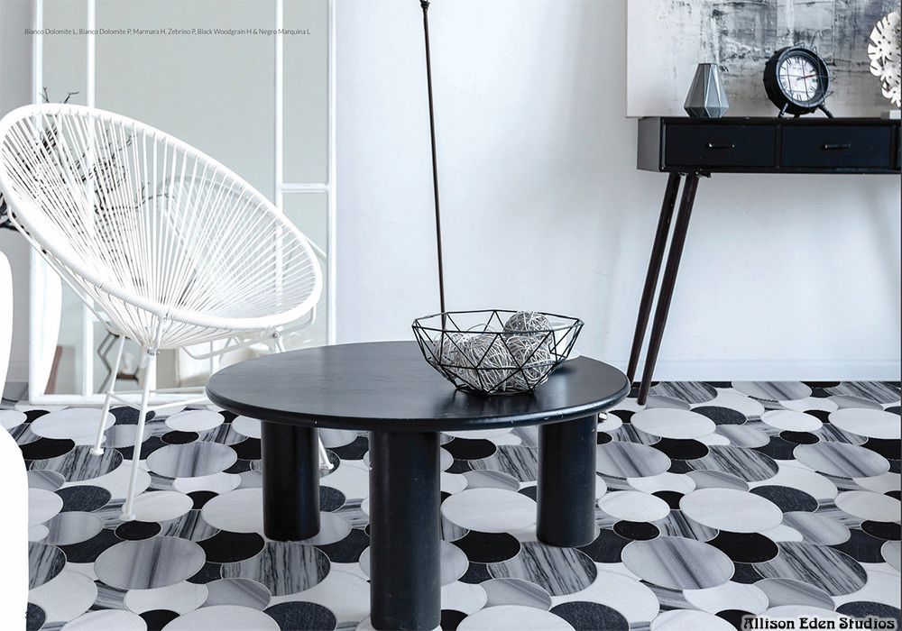 Black and white marble mosaic floor featuring Allison Eden Studios’ Overlapping Circles pattern in a modern luxury residential interior.
