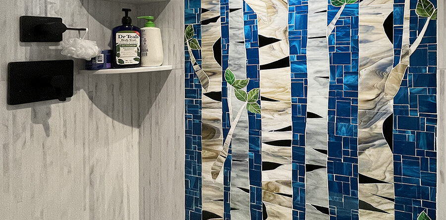 custom aspen tree glass mosaic shower bathroom allison eden studios