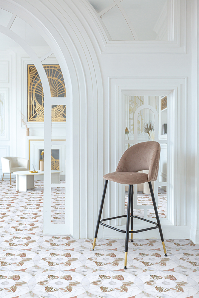 Luxury Moroccan stone mosaic tile in a soft pink marble blend featuring Thassos, Calacatta Gold, Bianco Dolomite, Calacatta Luna, and Rosa Norwegian marble, designed by Allison Eden Studios for luxury kitchen floors, backsplashes, countertops, and designer interiors.