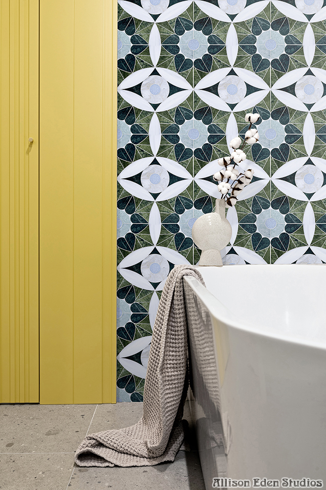 Moroccan Heart green natural stone mosaic bathroom feature wall by Allison Eden Studios