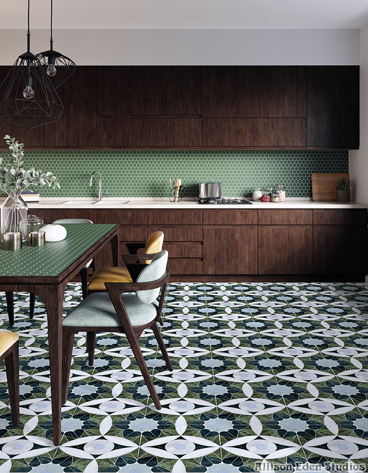 green stone mosaic dining room floorGreen and white Moroccan Heart stone mosaic flooring in modern residential dining room.