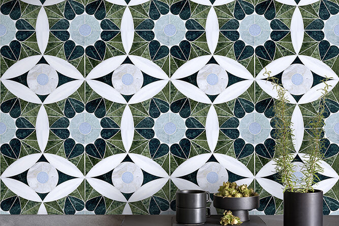 Moroccan Heart green stone mosaic kitchen feature wall by Allison Eden Studios.