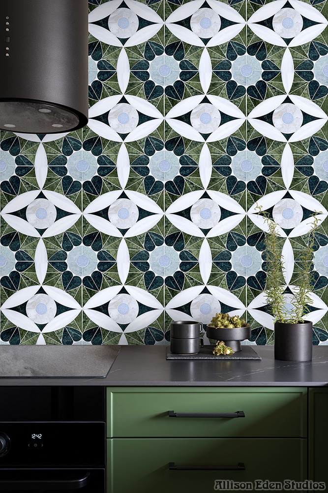 Moroccan Heart green stone mosaic kitchen feature wall by Allison Eden Studios.