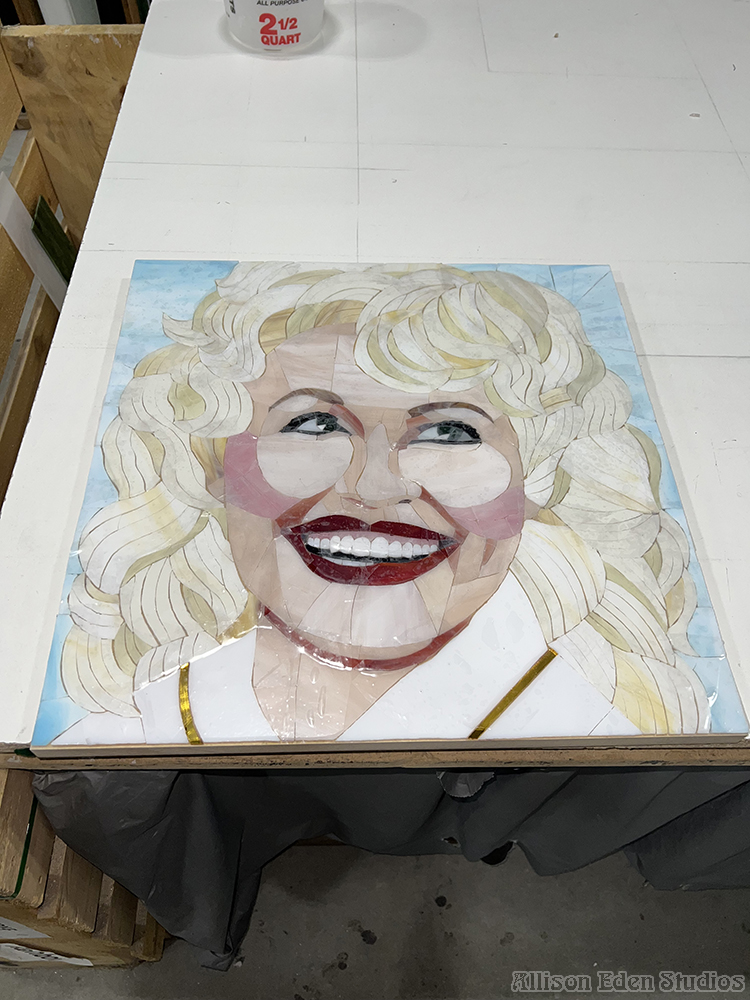 llison Eden Studios Dolly Parton mosaic mural in progress wm