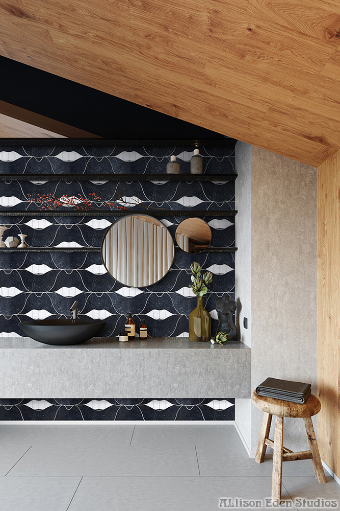 Modern black kitchen with Allison Eden Studios black and white SMILE Lips stone mosaic feature wall and backsplash