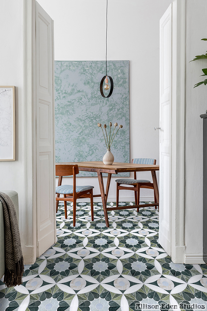 Luxury green stone mosaic kitchen floor featuring Allison Eden Studios Moroccan Heart pattern.