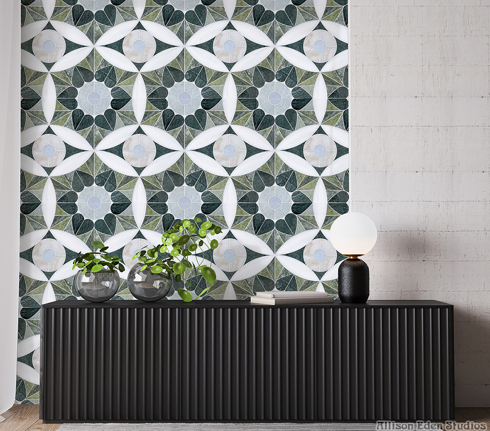 Luxury green Moroccan Heart natural stone mosaic feature wall in contemporary residential interior.