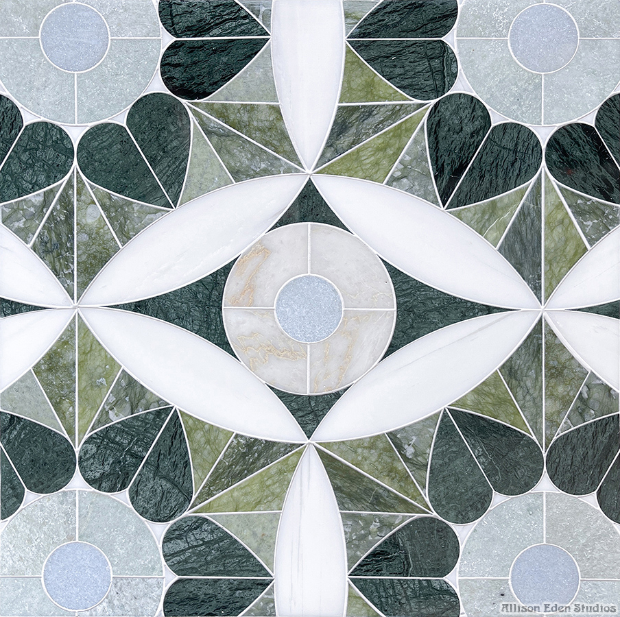 Allison Eden Studios Moroccan Heart green stone mosaic pattern in emerald, sage, blue and white natural stone