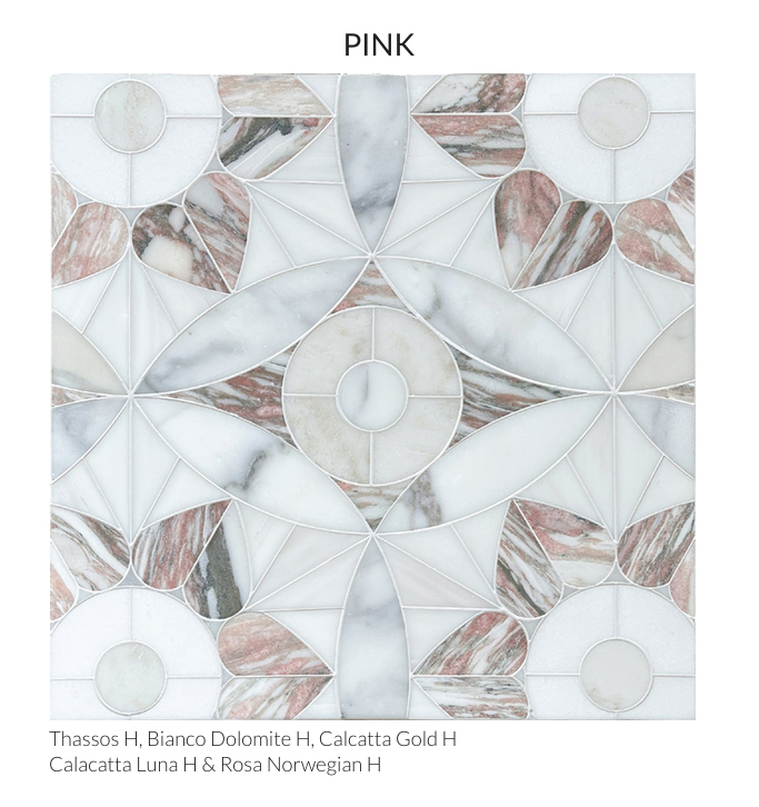 Luxury Moroccan stone mosaic tile in a soft pink marble blend featuring Thassos, Calacatta Gold, Bianco Dolomite, Calacatta Luna, and Rosa Norwegian marble, designed by Allison Eden Studios for luxury kitchen floors, backsplashes, countertops, and designer interiors.