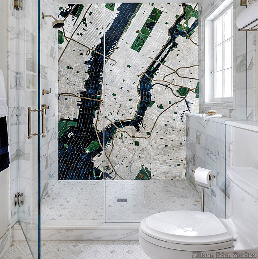 Handcrafted New York City glass mosaic map shower wall by Allison Eden Studios showing Manhattan, rivers, parks and streets.