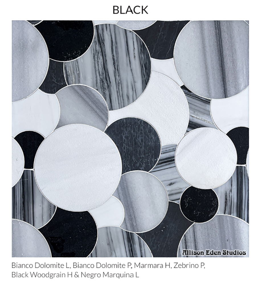 Overlapping Circles black and white stone mosaic by Allison Eden Studios featuring Bianco Dolomite, Marmara, Zebrino, Black Woodgrain and Negro Marquina.