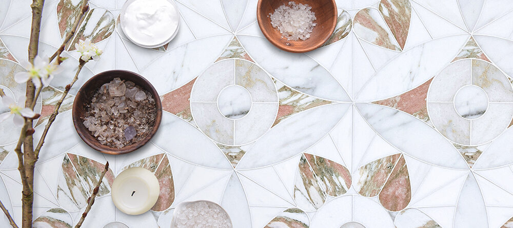 Luxury Moroccan stone mosaic tile in a soft pink marble blend featuring Thassos, Calacatta Gold, Bianco Dolomite, Calacatta Luna, and Rosa Norwegian marble, handcrafted by Allison Eden Studios for luxury kitchen floors, backsplashes, countertops, and designer interiors.