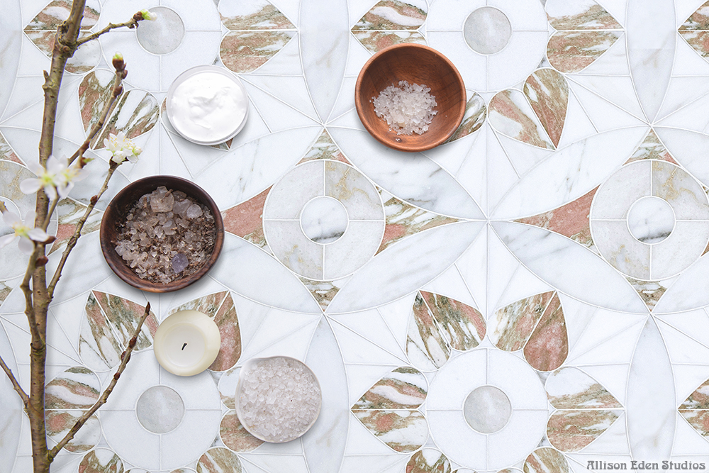 Luxury Moroccan stone mosaic tile in a soft pink marble blend featuring Thassos, Calacatta Gold, Bianco Dolomite, Calacatta Luna, and Rosa Norwegian marble, handcrafted by Allison Eden Studios for luxury kitchen floors, backsplashes, countertops, and designer interiors.