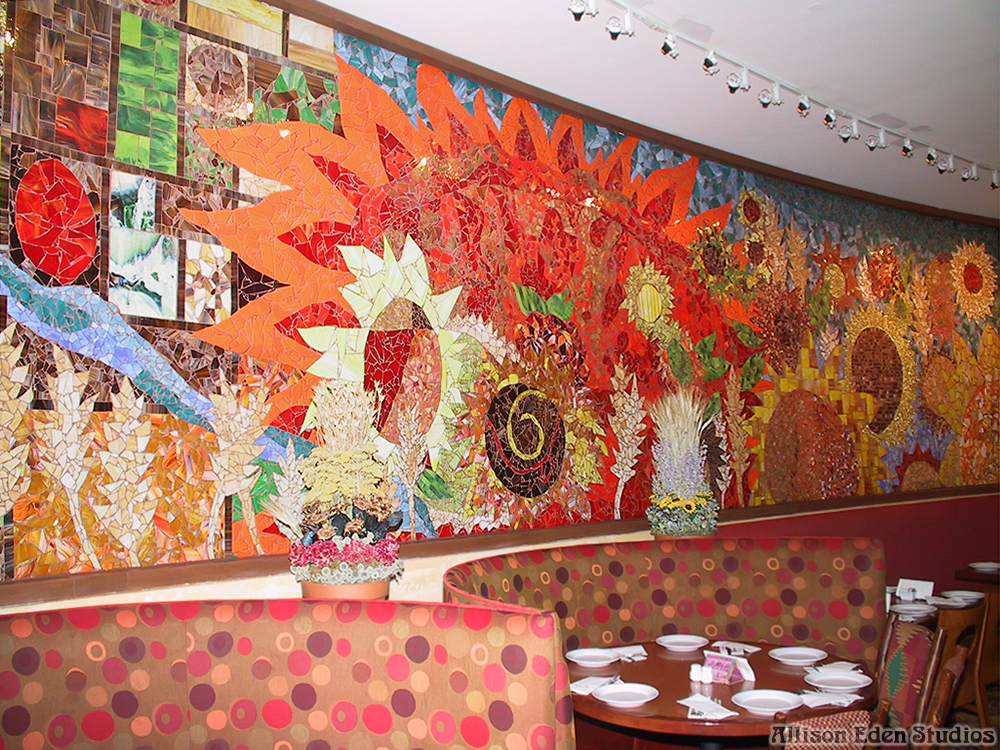 Colorful custom seasonal mosaic feature wall in Mohegan Sun restaurant.