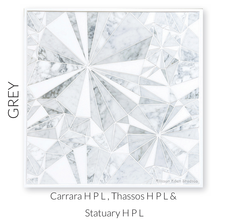 Starburst white and grey marble mosaic tile by Allison Eden Studios featuring Carrara, Thassos and Statuary stone.