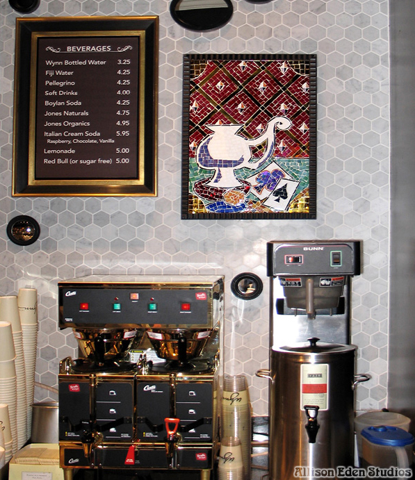 Custom coffee-themed glass mosaic artwork by Allison Eden Studios at Wynn Las Vegas