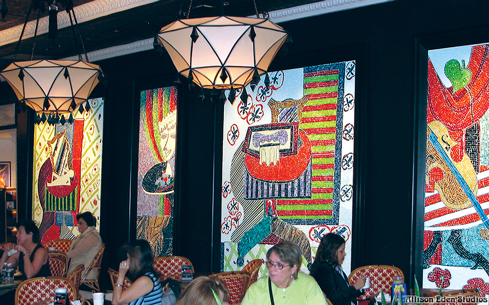Colorful custom glass mosaic murals by Allison Eden Studios inside a café at Wynn Las Vegas