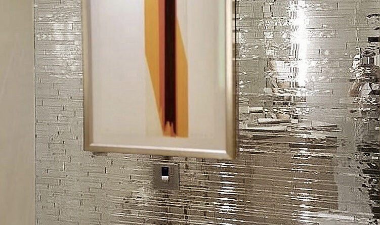 Custom ripple mirror Barcode mosaic wall by Allison Eden Studios in luxury bath interior at Wynn Macau