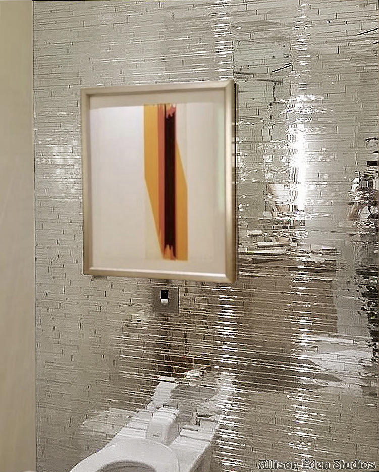 Custom ripple mirror Barcode mosaic wall by Allison Eden Studios in luxury bath interior at Wynn Macau