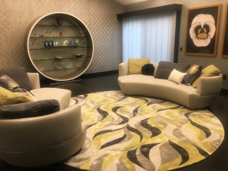 Fire & Wind hand-tufted custom rug design by Allison Eden Studios showing the flowing wave pattern and 6-foot-square configuration.