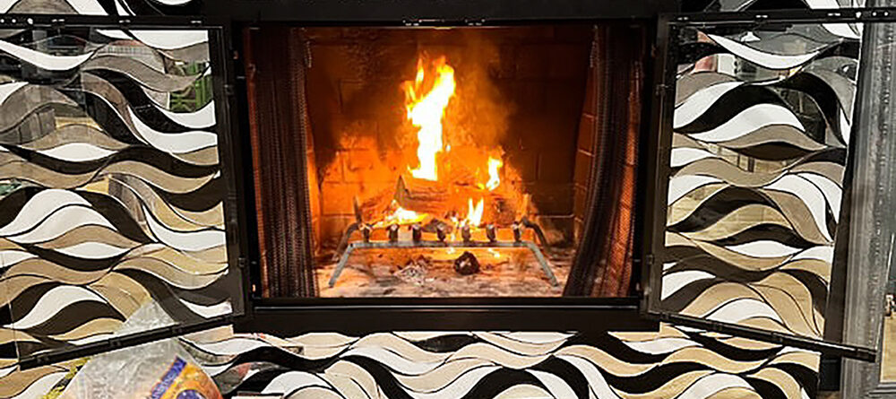 black silver white glass mosaic fireplace surround