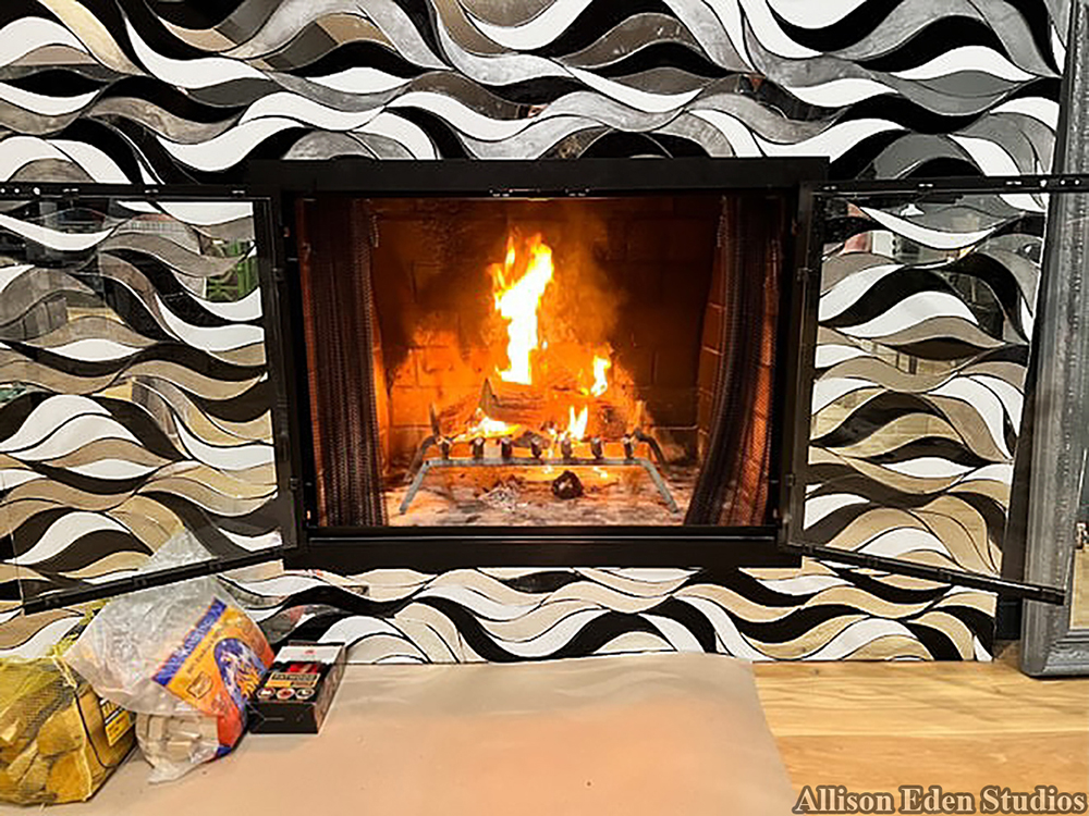 black silver white glass mosaic fireplace surround