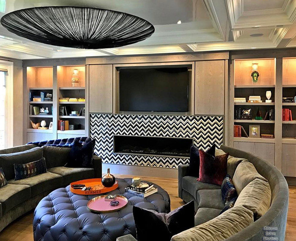 black white chevron mosaic fireplace built by beer