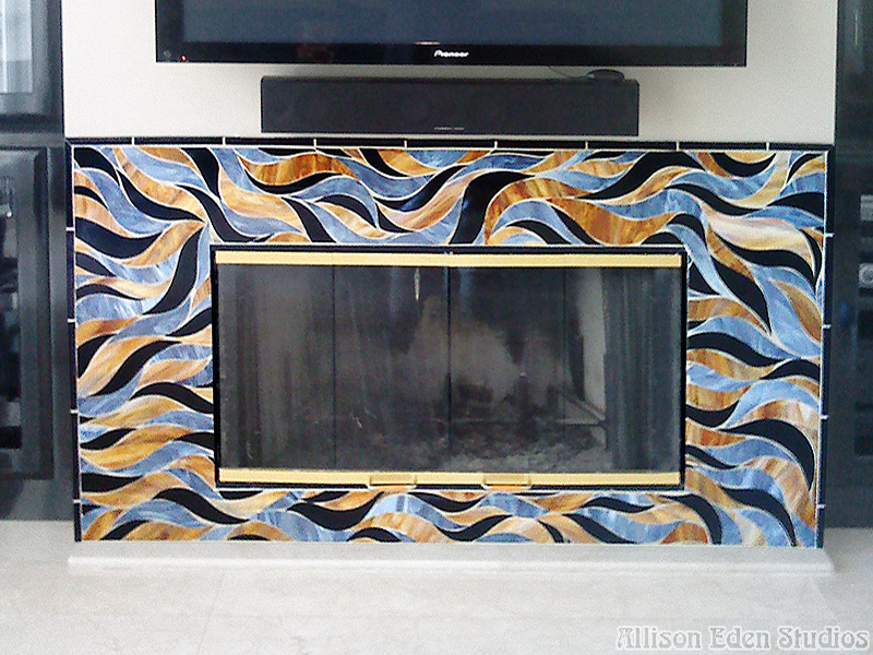 blue gray gold glass mosaic fireplace surround