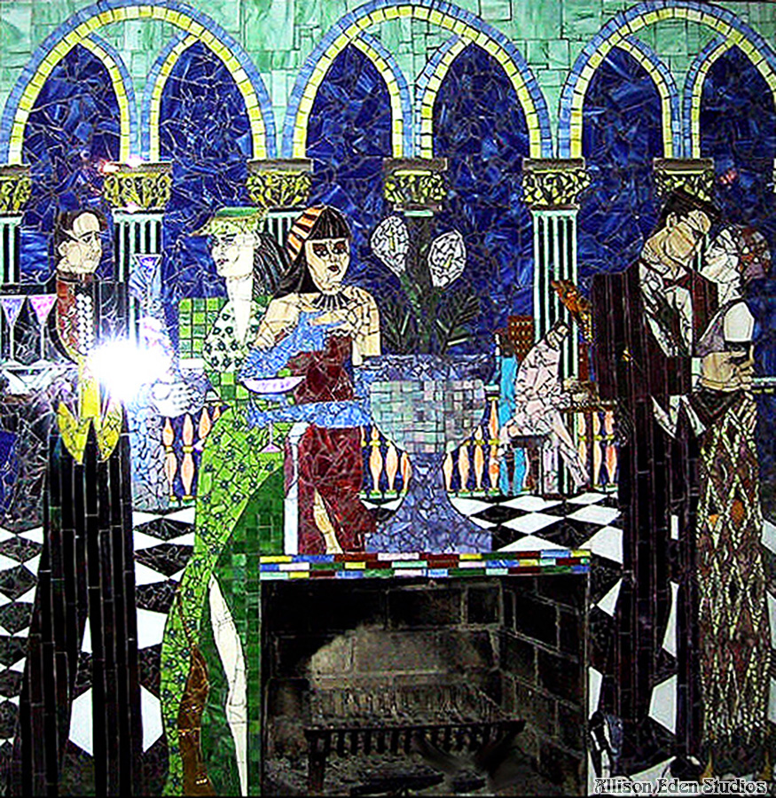 figurative stained glass mosaic fireplace artwork