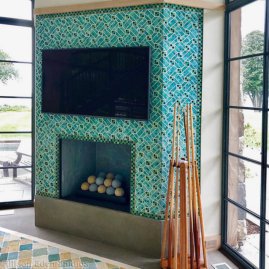 Emerald green geometric custom glass mosaic fireplace surround by Allison Eden Studios