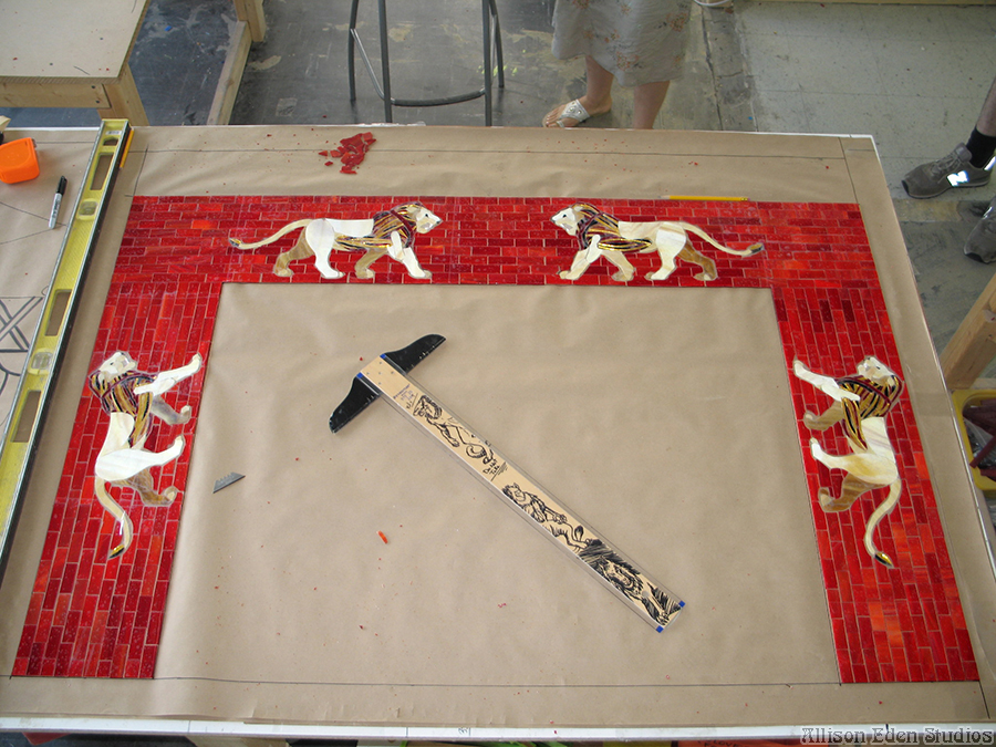 handcrafted lion glass mosaic fireplace artwork