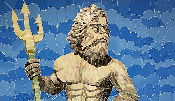Neptune glass mosaic mural being handcrafted in the Allison Eden Studios Brooklyn workshop
