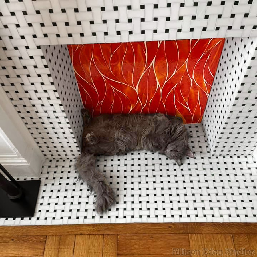 sprinkles mosaic fireplace cat