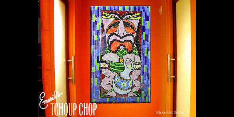 Allison Eden Studios stained glass mosaic tiki guy at Emerils Tchoup Shoup Universal Tiki Mosaic small