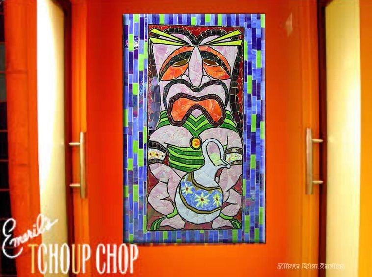 Allison Eden Studios glass mosaic tiki guy mural at Emerils Tchoup Shoup Universal Tiki Mosaic