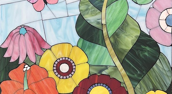 Allison Eden Studios stained glass and mirror mosaic Floral with butterfly artwork 24 X 24