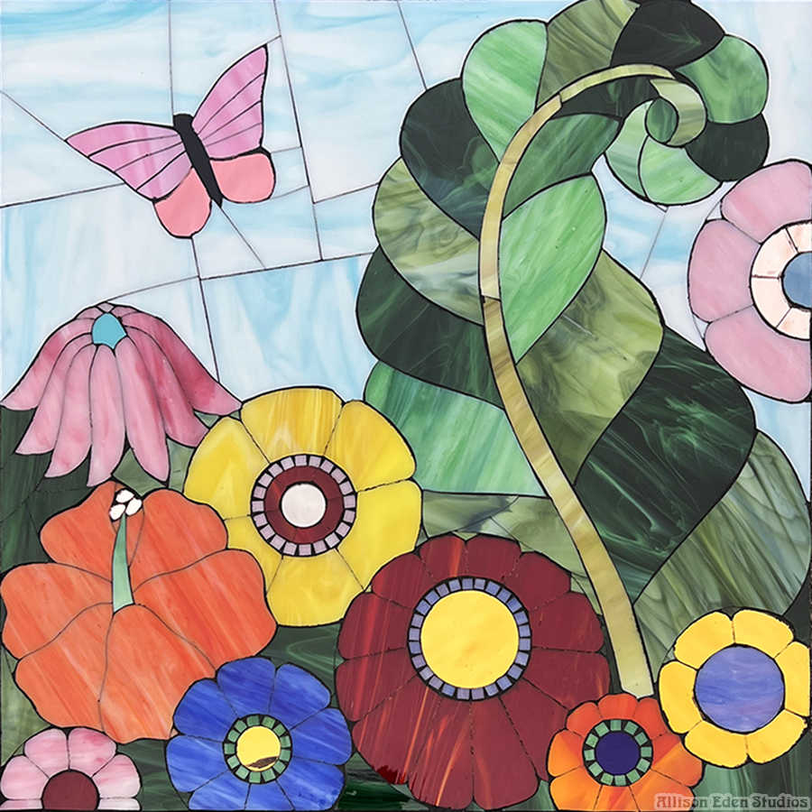 Allison Eden Studios stained glass and mirror mosaic Floral with butterfly artwork 24 X 24