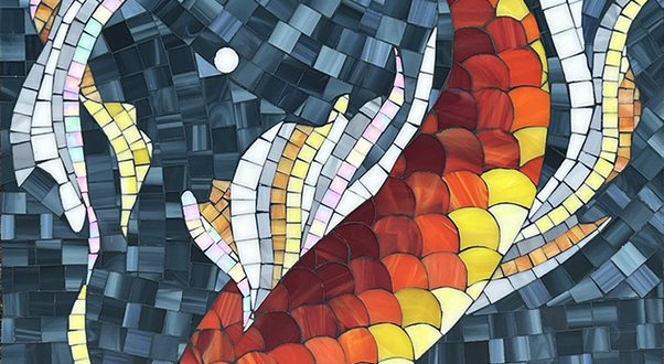 Allison Eden Studios stained glass mosaic Koi Fish artwork- 20 X 20 wm