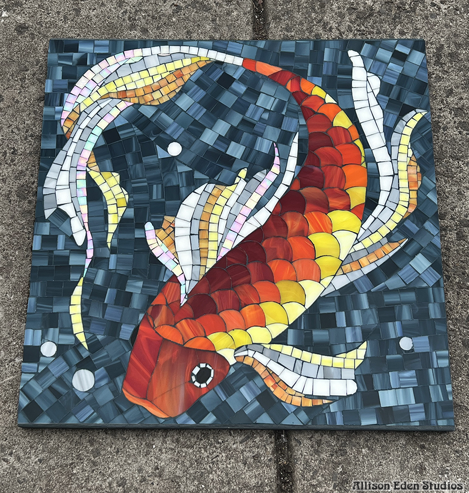 Allison Eden Studios stained glass mosaic Koi Fish on sidewalk 20 X 20