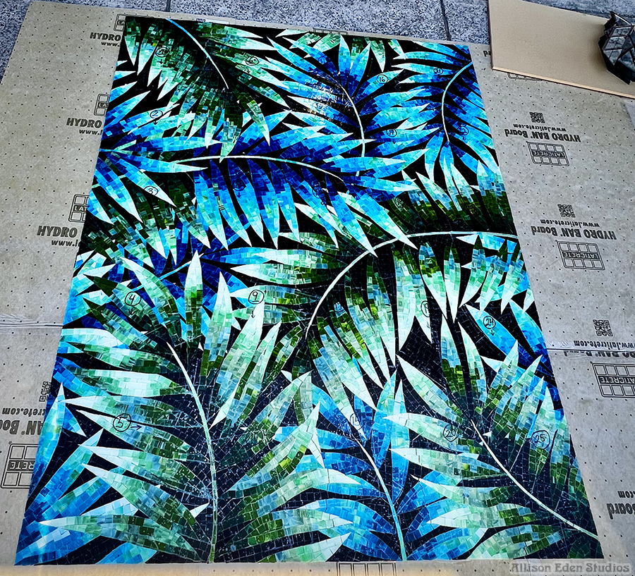 Allison Eden Studios Large Palm Leaf Mosaic Tile blue green gradation in progress
