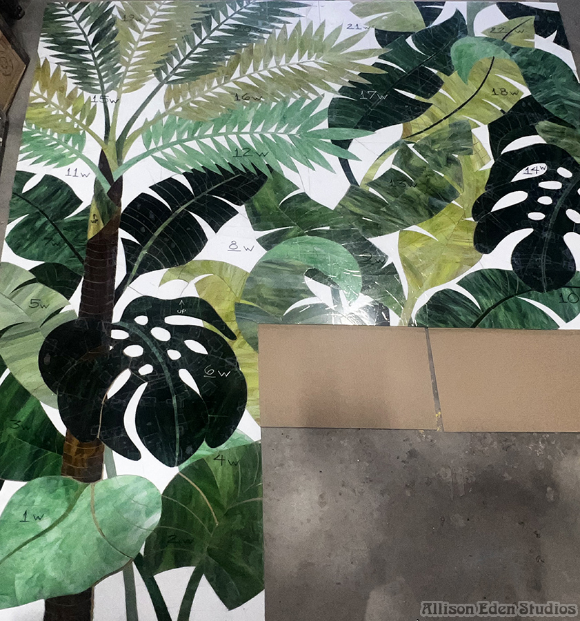 Allison Eden Studios Tropical Palm Leaf Jungle Mosaic Tile in progress