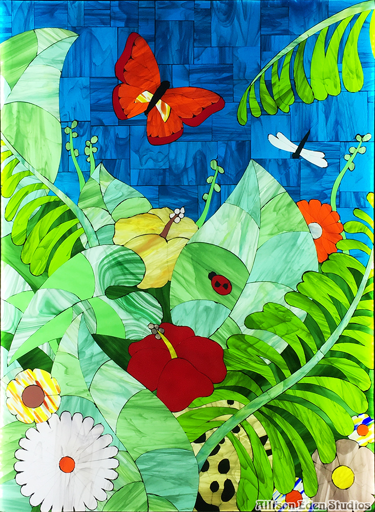 Allison Eden Studios backlit floral mosaic garden scene wm