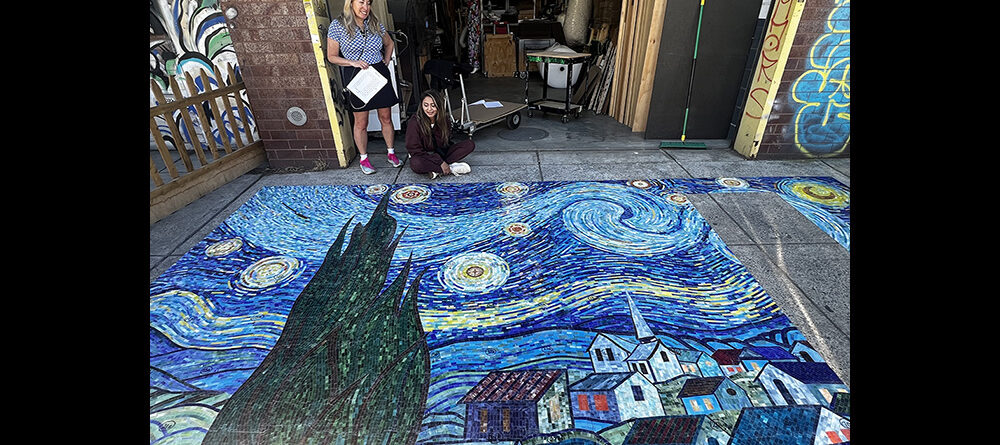 Van Gogh's Starry Night reinterpreted in stained glass mosaic tile work in progress