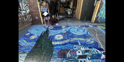 Van Gogh's Starry Night reinterpreted in stained glass mosaic tile work in progress