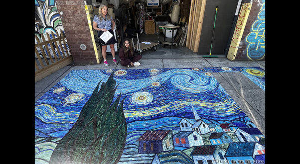 Van Gogh's Starry Night reinterpreted in stained glass mosaic tile work in progress