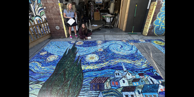 Van Gogh's Starry Night reinterpreted in stained glass mosaic tile work in progress